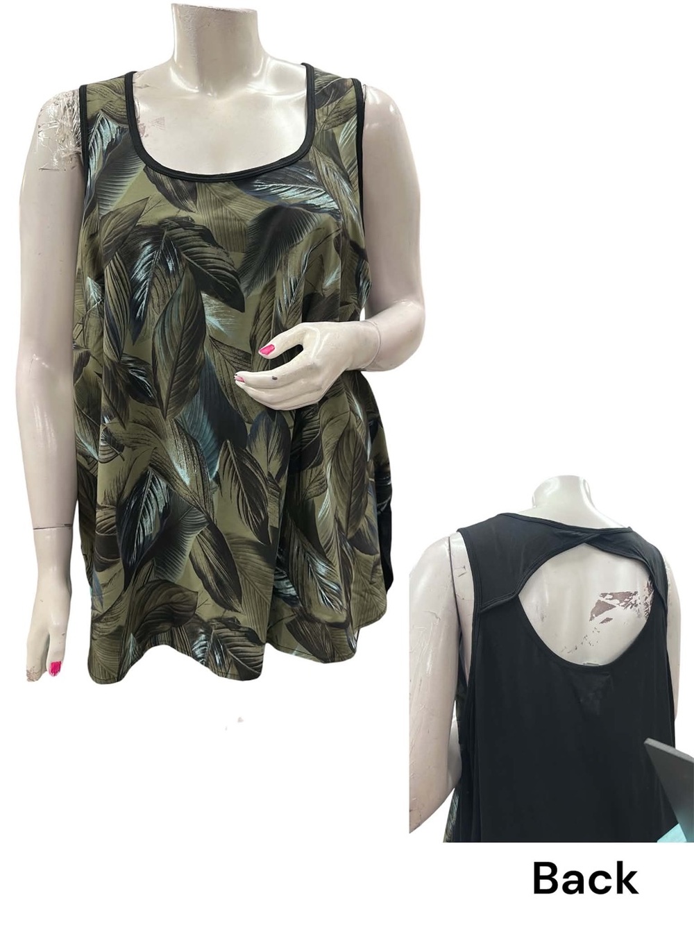Active Zone Leaf-Print Olive Tank Top with Black Back Size 3X